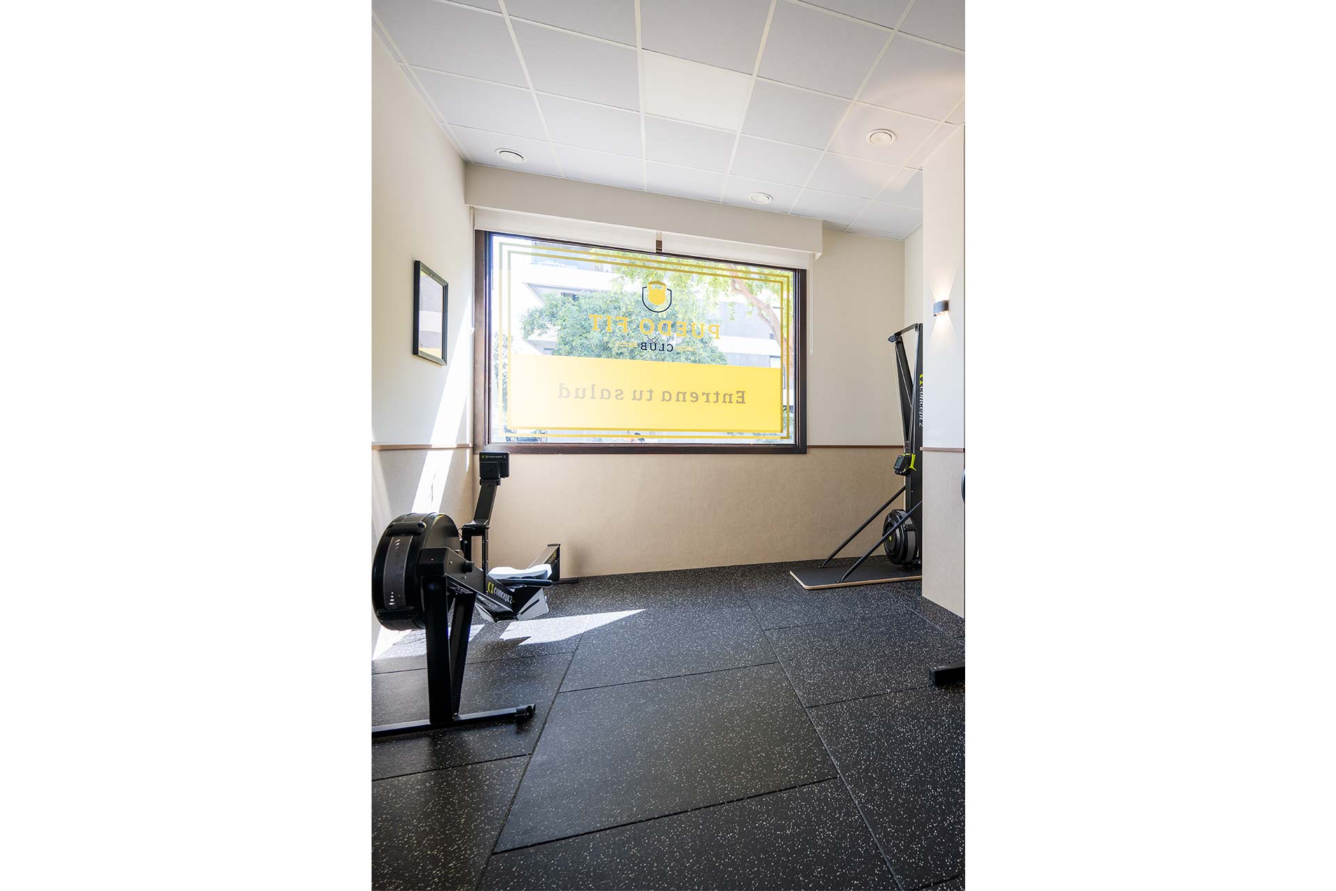Pequeña sala de gimnasio con suelo de caucho, aparatos de ejercicio como una máquina de remo y una máquina de cable, y una gran ventana que deja entrar la luz natural.