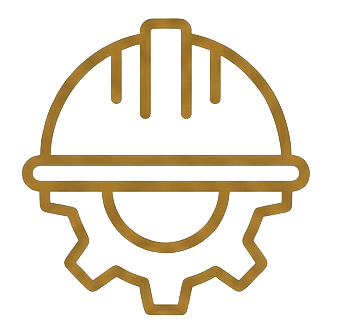 Icono esquemático de un casco de construcción combinado con un engranaje, que simboliza trabajos de ingeniería, construcción o industriales.