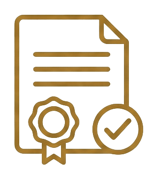 Contorno dorado de un certificado con un sello de cinta y una marca de verificación, símbolo de aprobación o certificación.
