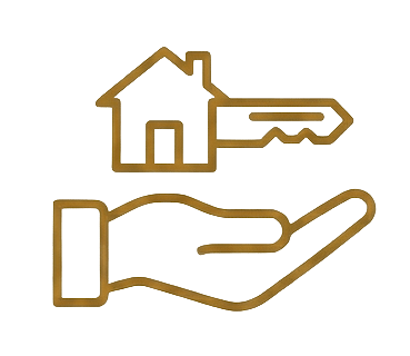 Contorno dorado de una mano que sostiene una casa con una llave adjunta, que simboliza los bienes inmuebles, la propiedad de una vivienda o el alquiler de una propiedad.