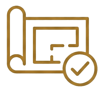 Un icono dorado de un plano de planta enrollado con una marca de verificación en un círculo, que indica planos arquitectónicos aprobados o certificados.