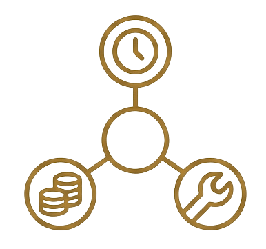 Un gráfico sencillo muestra un reloj, monedas apiladas y una llave inglesa conectados por líneas, que representan el tiempo, el dinero y las herramientas o el mantenimiento.
